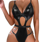 Red Patent Leather Cutout Bodysuit with Draped Chains - Side Pose