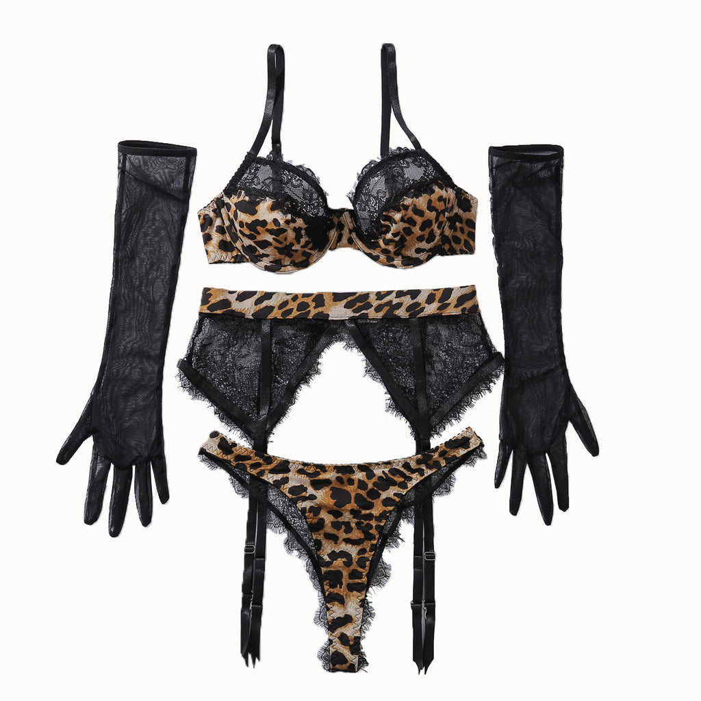 Leopard Print & Black Lace Underwire Bra Garter Belt 4-Piece Lingerie Set with Gloves