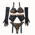 Leopard Print & Black Lace Underwire Bra Garter Belt 4-Piece Lingerie Set with Gloves