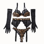 Leopard Print & Black Lace Underwire Bra Garter Belt 4-Piece Lingerie Set with Gloves