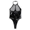 Chain Drape Patent Faux Leather High-Neck Bodysuit Teddy