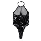 Chain Drape Patent Faux Leather High-Neck Bodysuit Teddy