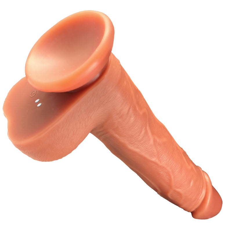 Liquid silicone long-stroke thrusting dildo, front view
