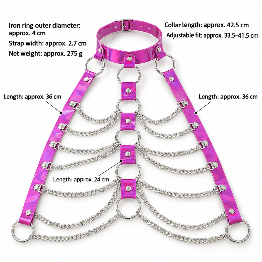 Close-up of iridescent pink straps, metal rings and layered silver-tone chains