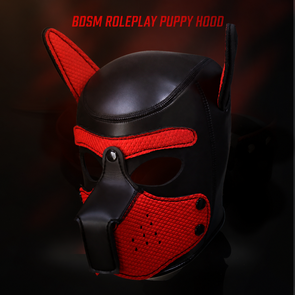 Black puppy play hood with red accent panels and upright ears