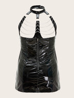 Mirror Patent Leather Chain Cut-Out Halter Mini Dress - Black Product Shot