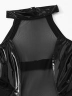 Sheer Mesh & Wet-Look Faux Leather Halter Bodysuit - Open Back Lingerie Teddy