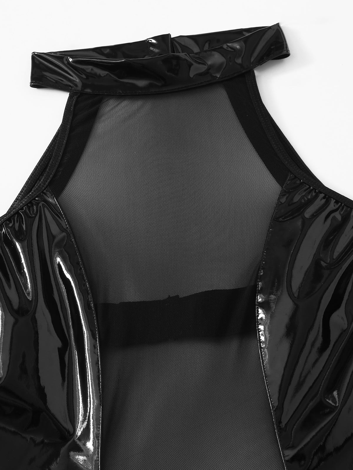 Sheer Mesh & Wet-Look Faux Leather Halter Bodysuit - Open Back Lingerie Teddy
