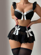 Ruffle Lace Trim Underwire Bra & Skirt Lingerie Set in Red - Full Pose