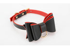 Black and red PU leather bow collar with gold-tone ring detail