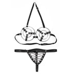 Black ring-detail open-cup harness bra and chain-detail thong displayed together