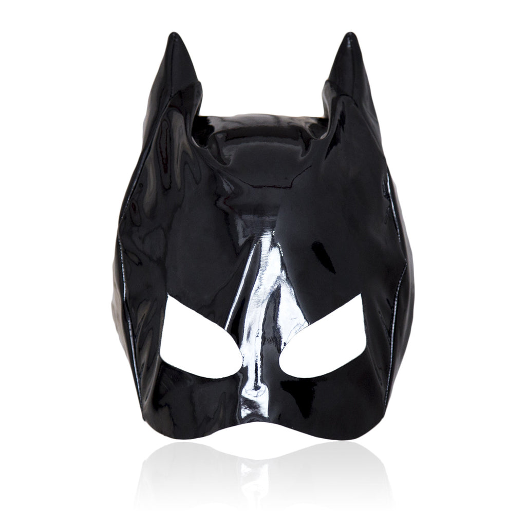Black glossy full-head cat-ear mask shown from the front