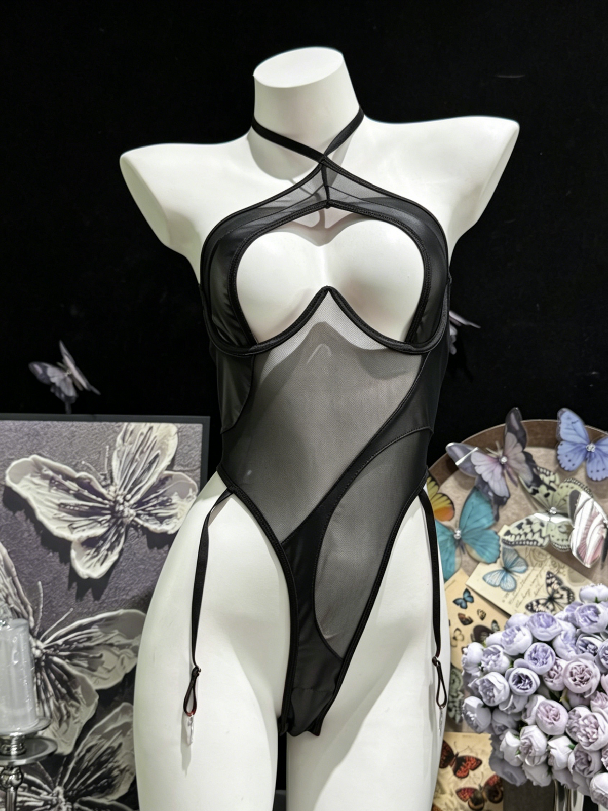 Cross Halter Cutout Sheer Mesh & Faux Leather Teddy Bodysuit