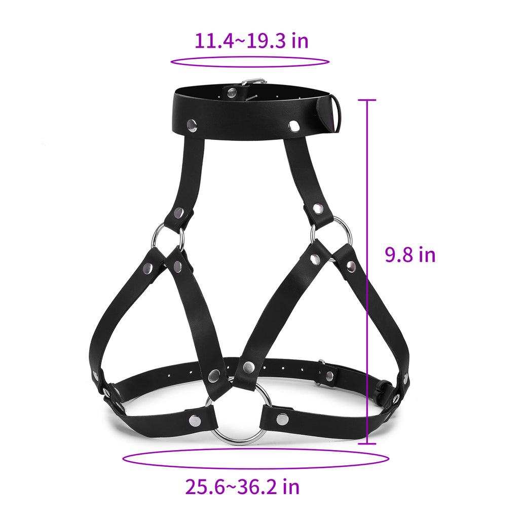 Front view of black ring-detail open-cup harness bra on model with censor overlays