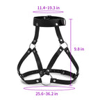 Front view of black ring-detail open-cup harness bra on model with censor overlays
