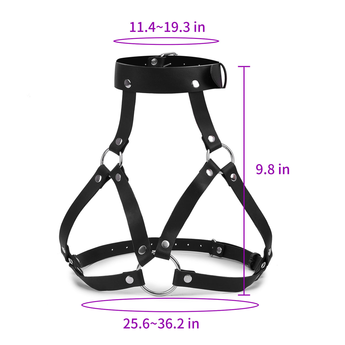 Front view of black ring-detail open-cup harness bra on model with censor overlays