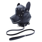 Three-quarter view of black puppy play hood with leash and silver-tone rivets