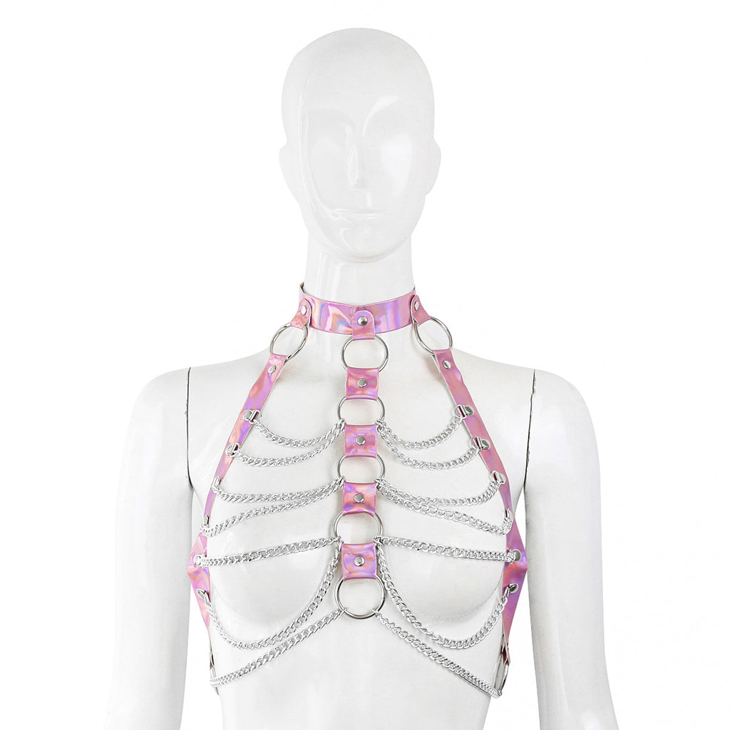 Iridescent pink collar harness with draped silver-tone chains front view