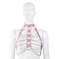 Iridescent pink collar harness with draped silver-tone chains front view