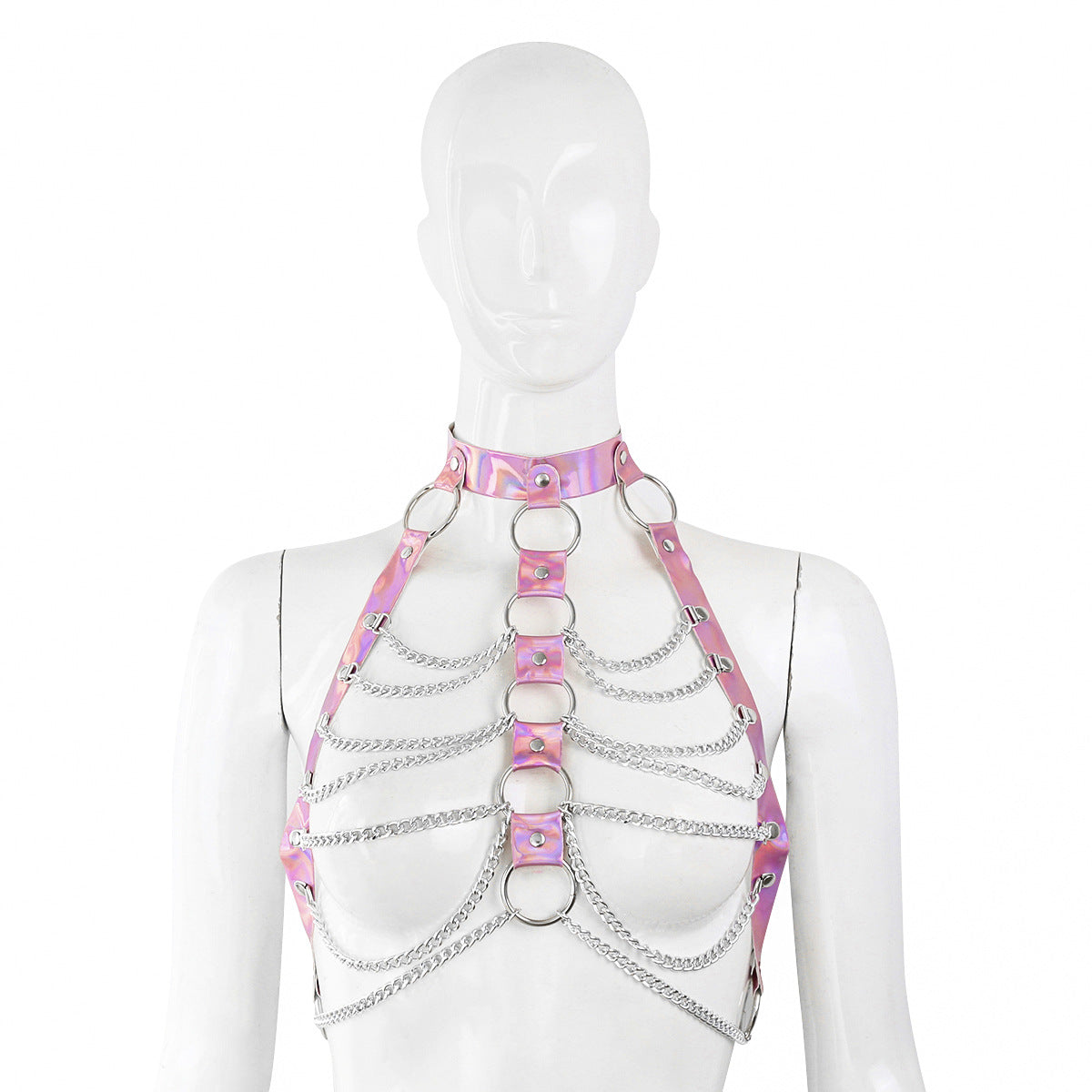 Iridescent pink collar harness with draped silver-tone chains front view
