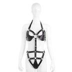 Black halter-style cutout harness bodysuit on mannequin at an angle