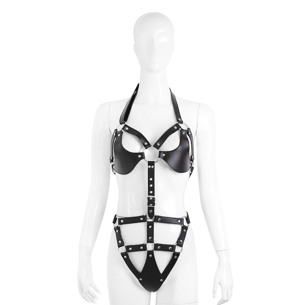 Black halter-style cutout harness bodysuit on mannequin at an angle