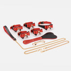 Black and red PU leather bow-tie collar and cuff set with paddle, chain, leash, and clips