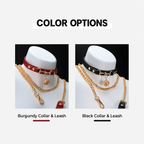 Burgundy and black bell collar and gold-tone leash color options
