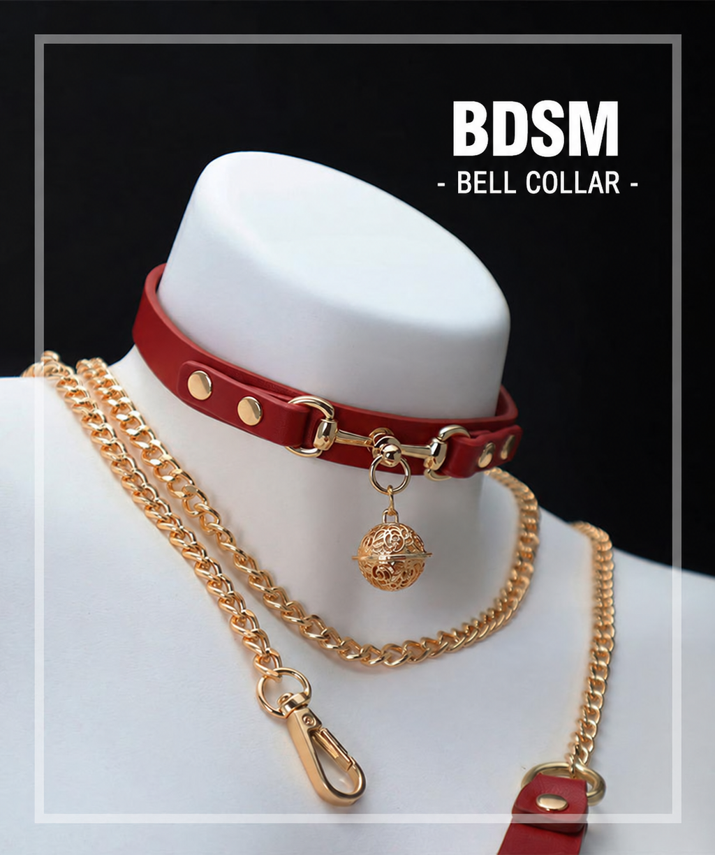 Close-up of gold-tone chain leash clip attached to bell collar