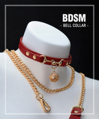Close-up of gold-tone chain leash clip attached to bell collar