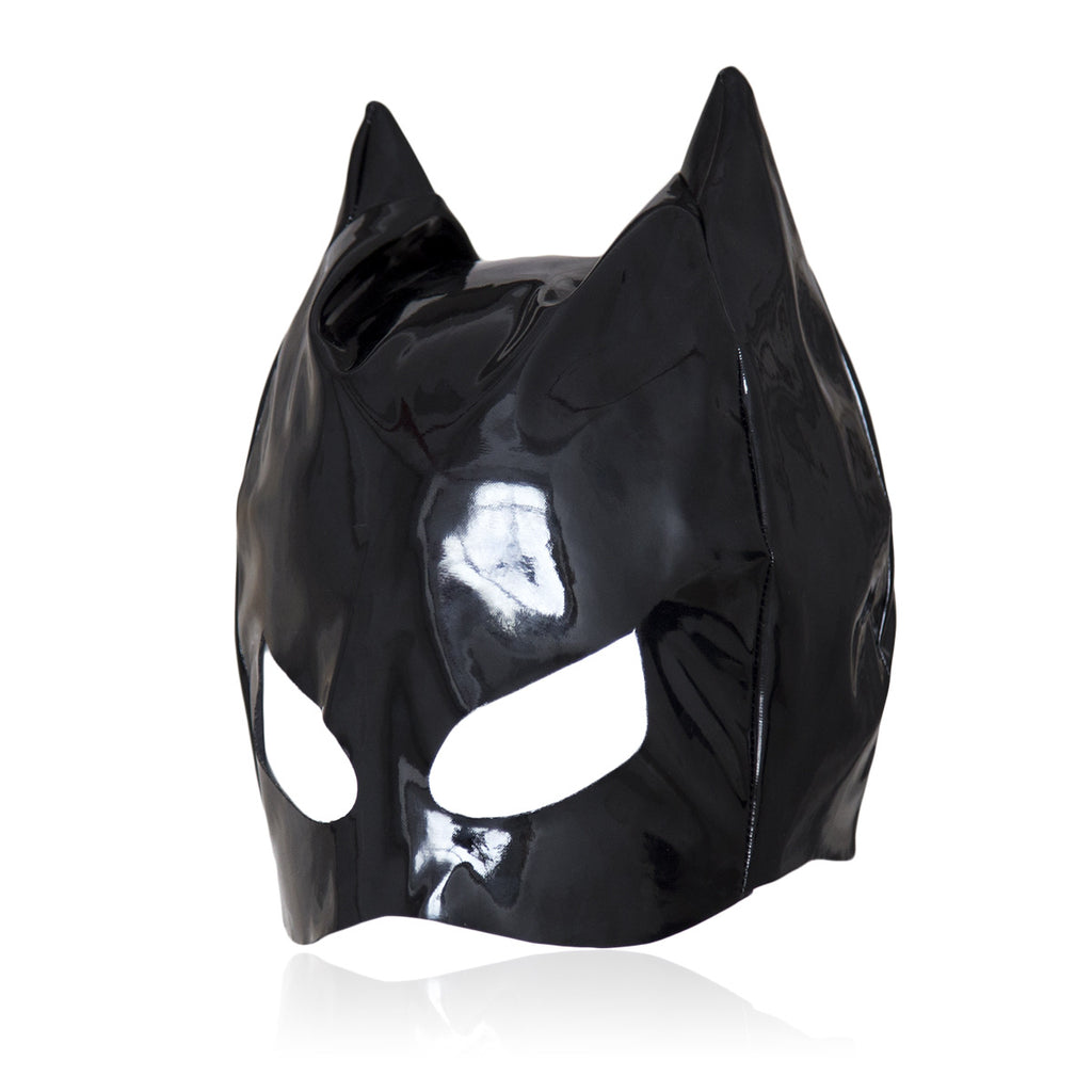 Black glossy full-head cat-ear mask shown from the side