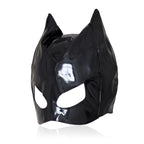 Black glossy full-head cat-ear mask shown from the side