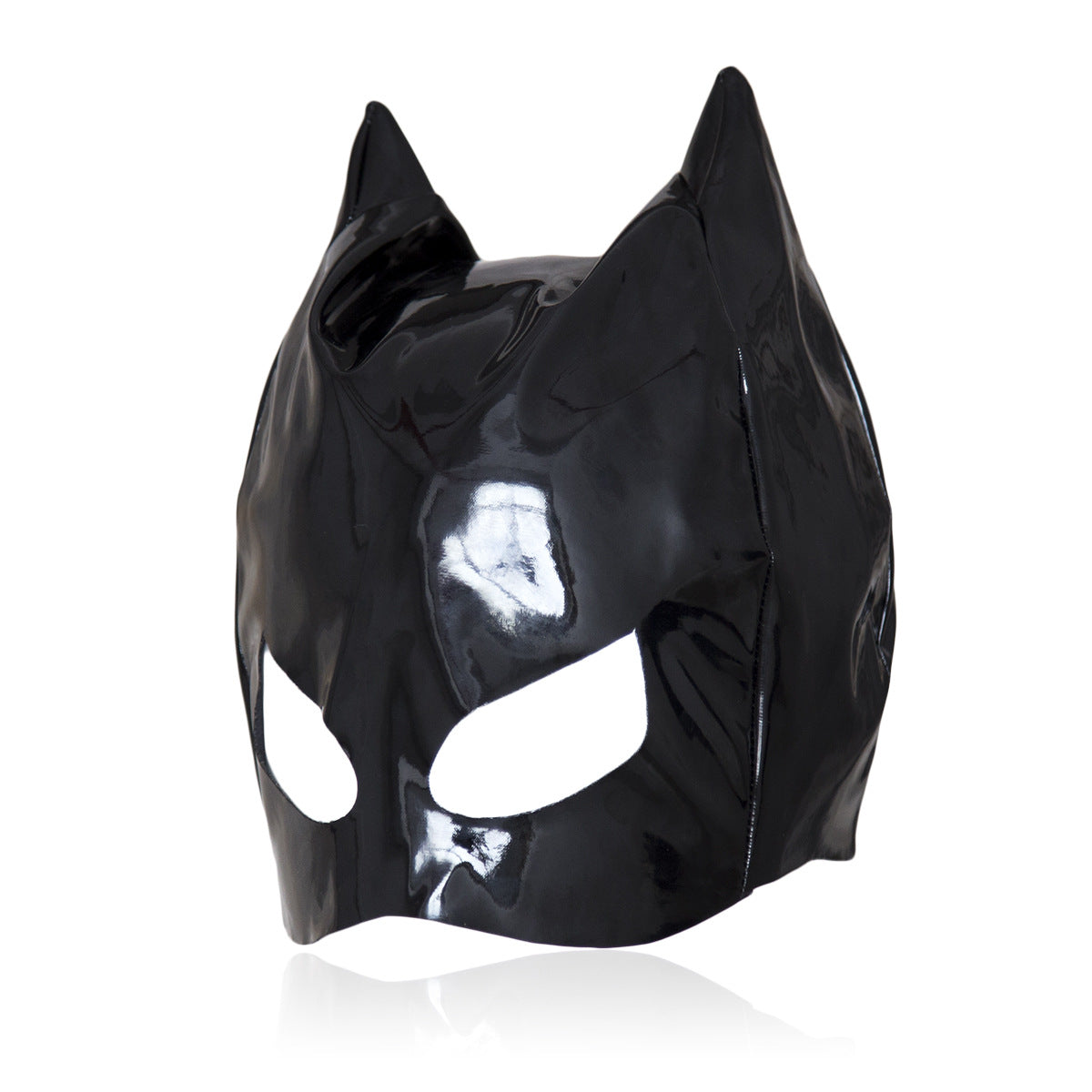 Black glossy full-head cat-ear mask shown from the side