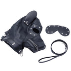 Side view of black puppy play hood showing ear, muzzle zipper and leash attachment