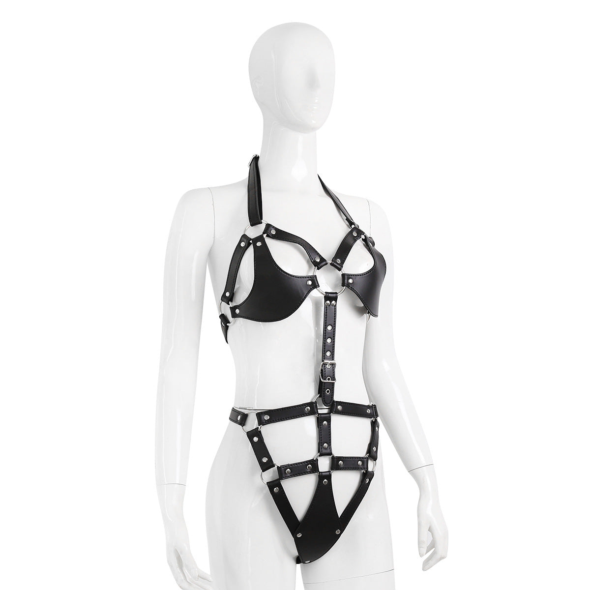 Side view of black harness bodysuit with connecting straps and hip panel