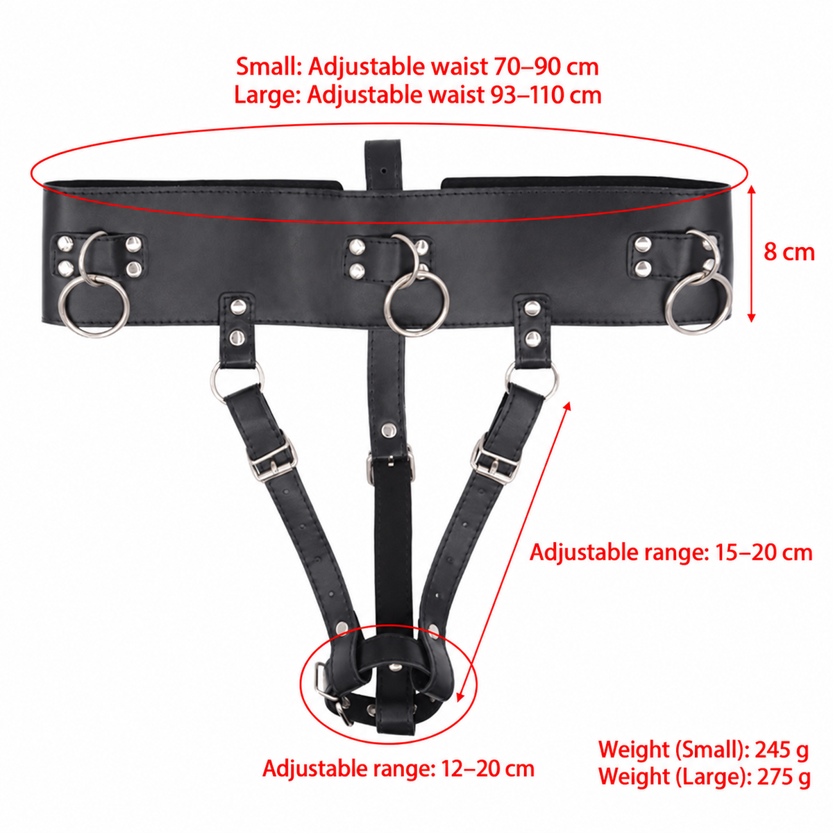 Waist harness size guide showing Small 70 to 90 cm and Large 93 to 110 cm waist adjustment