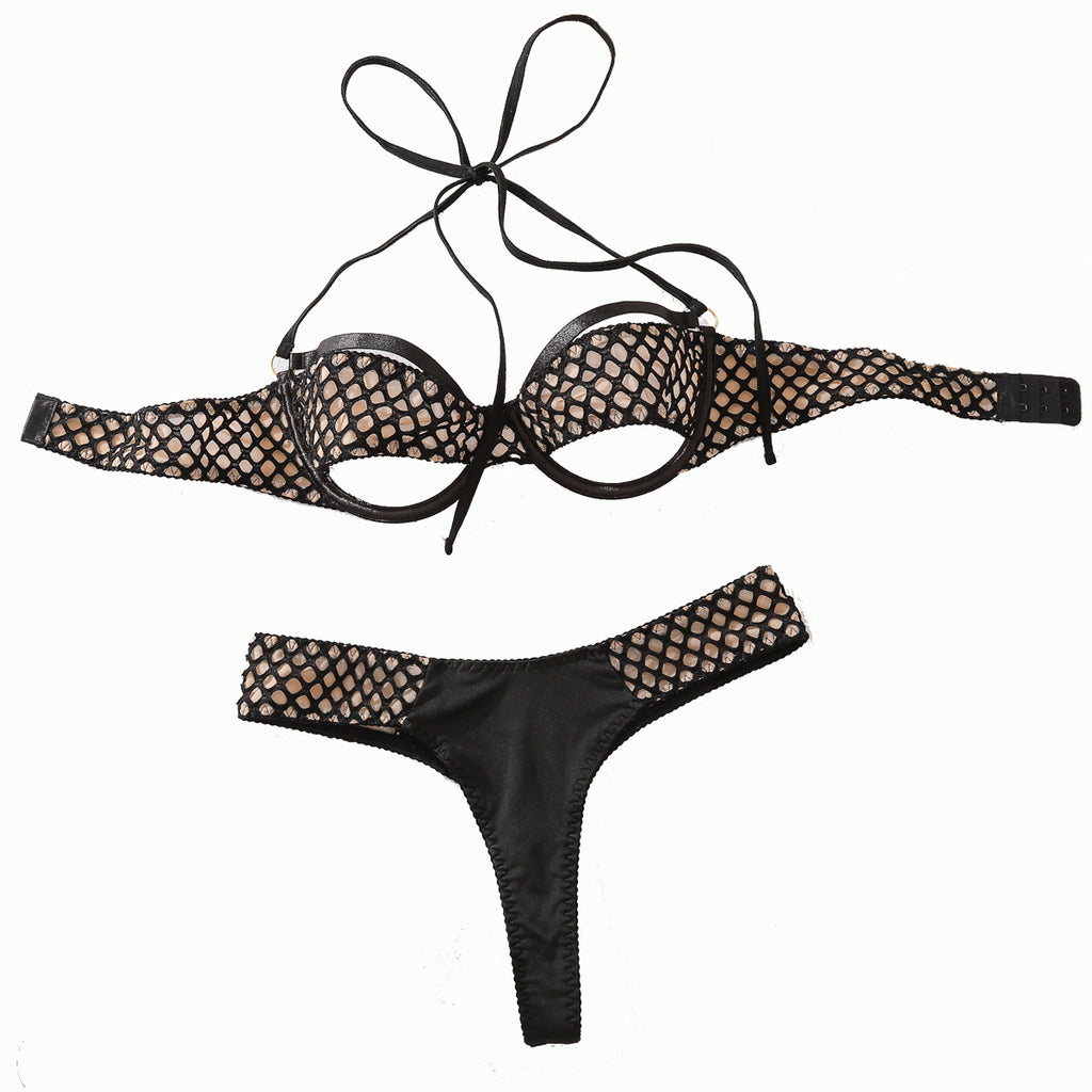 2-Piece Fishnet Cutout Underwire Halter Bikini Set in Black - Model Front View
