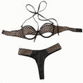 2-Piece Fishnet Cutout Underwire Halter Bikini Set in Black - Model Front View