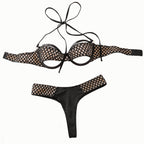 2-Piece Fishnet Cutout Underwire Halter Bikini Set in Black - Model Front View