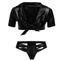 Matte Faux Leather 2-Piece Lingerie Set Flat Lay - Crop Top and Cutout Thong