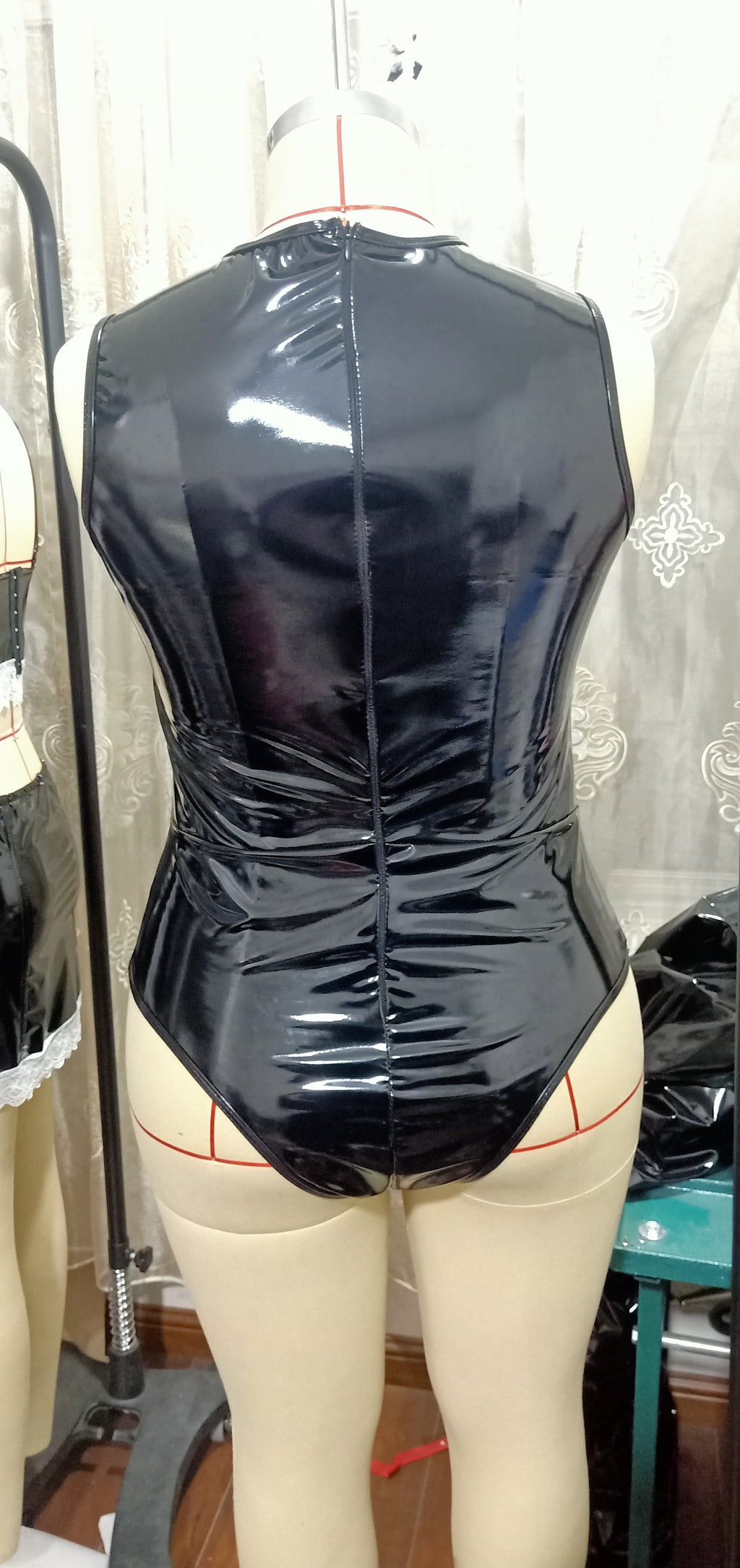 Patent Leather Cut-Out Bust Halter Bodysuit - Back Mannequin View