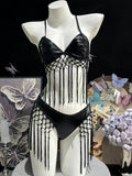 Patent Leather Triangle Bra & Fringe Tassel Bikini Set - Mannequin Full View