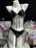 Patent Leather Triangle Bra & Fringe Tassel Bikini Set - Mannequin Full View