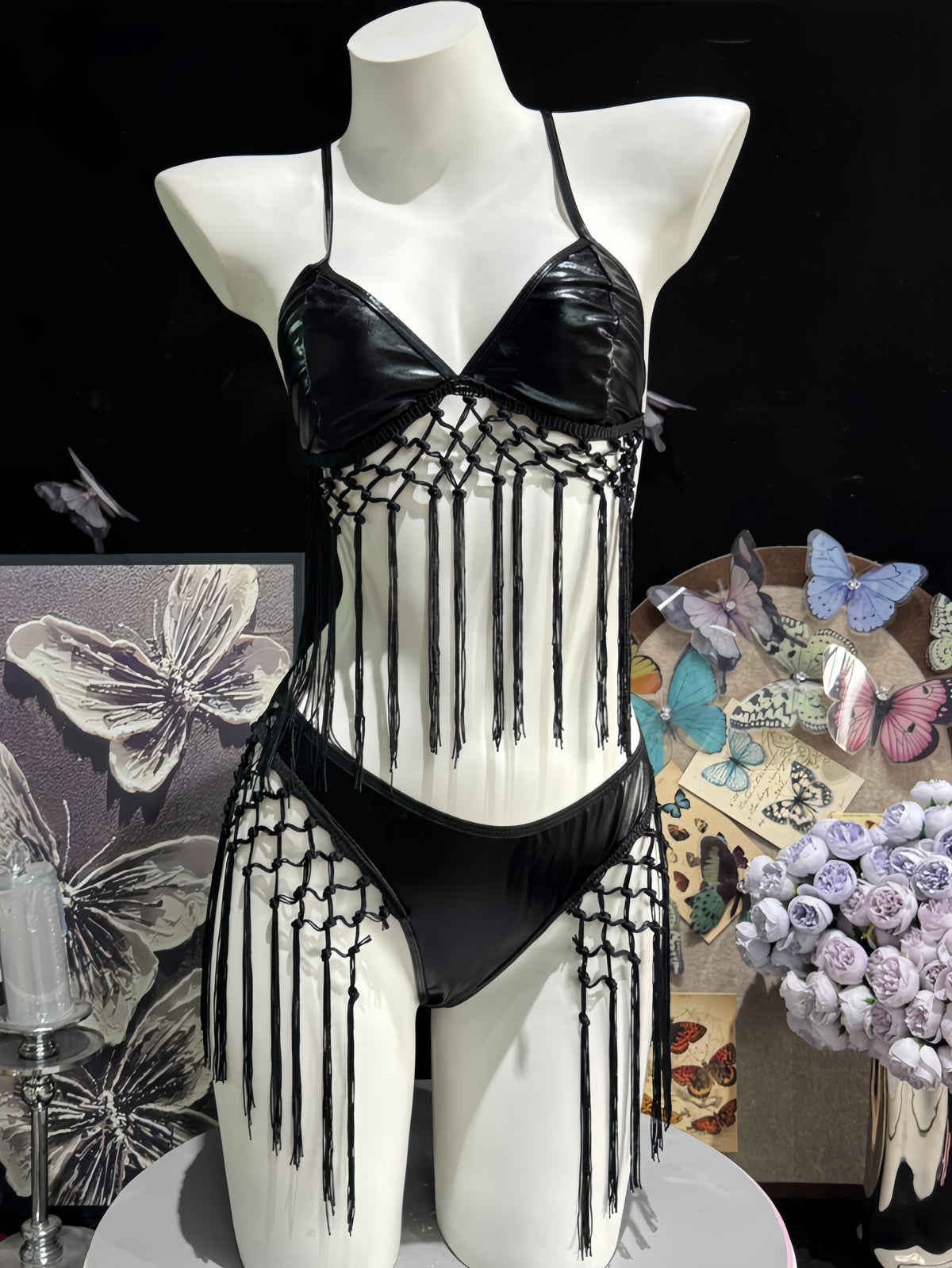 Patent Leather Triangle Bra & Fringe Tassel Bikini Set - Mannequin Full View