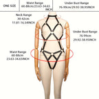 One-size harness guide showing neck 30 to 42 cm, underbust 76 to 99 cm and waist 60 to 88 cm