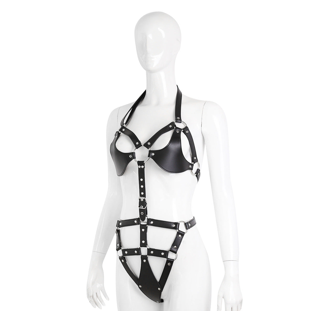 Black ring-detail harness bodysuit with adjustable waist and hip straps