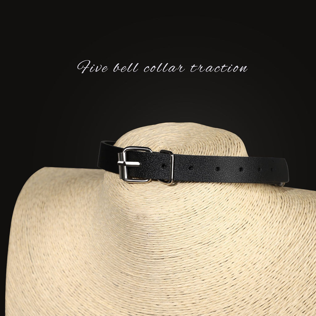 Black adjustable collar with five silver-tone hanging bells