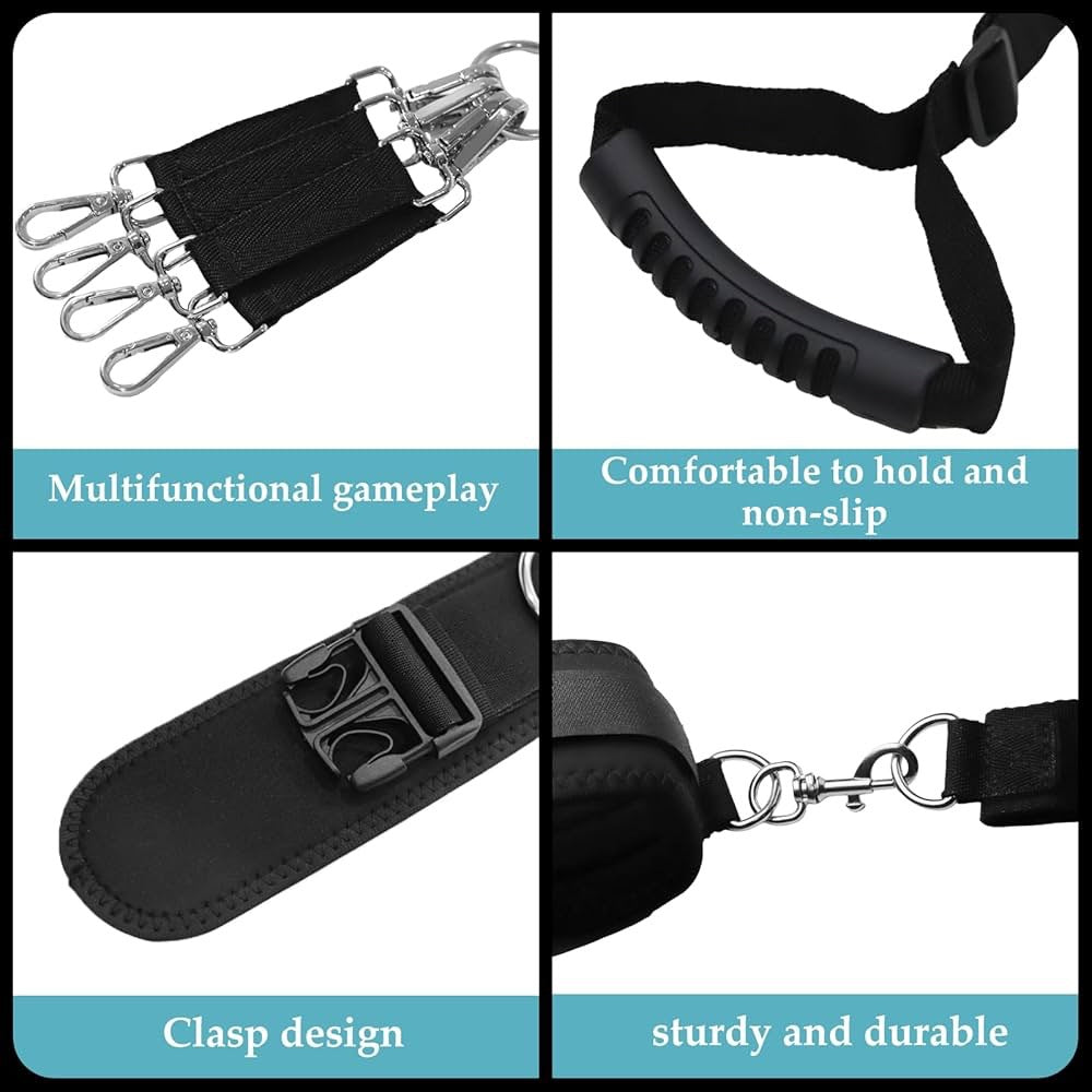 Close-up of non-slip handles, adjustable clasps, reinforced belt, and sturdy metal clips