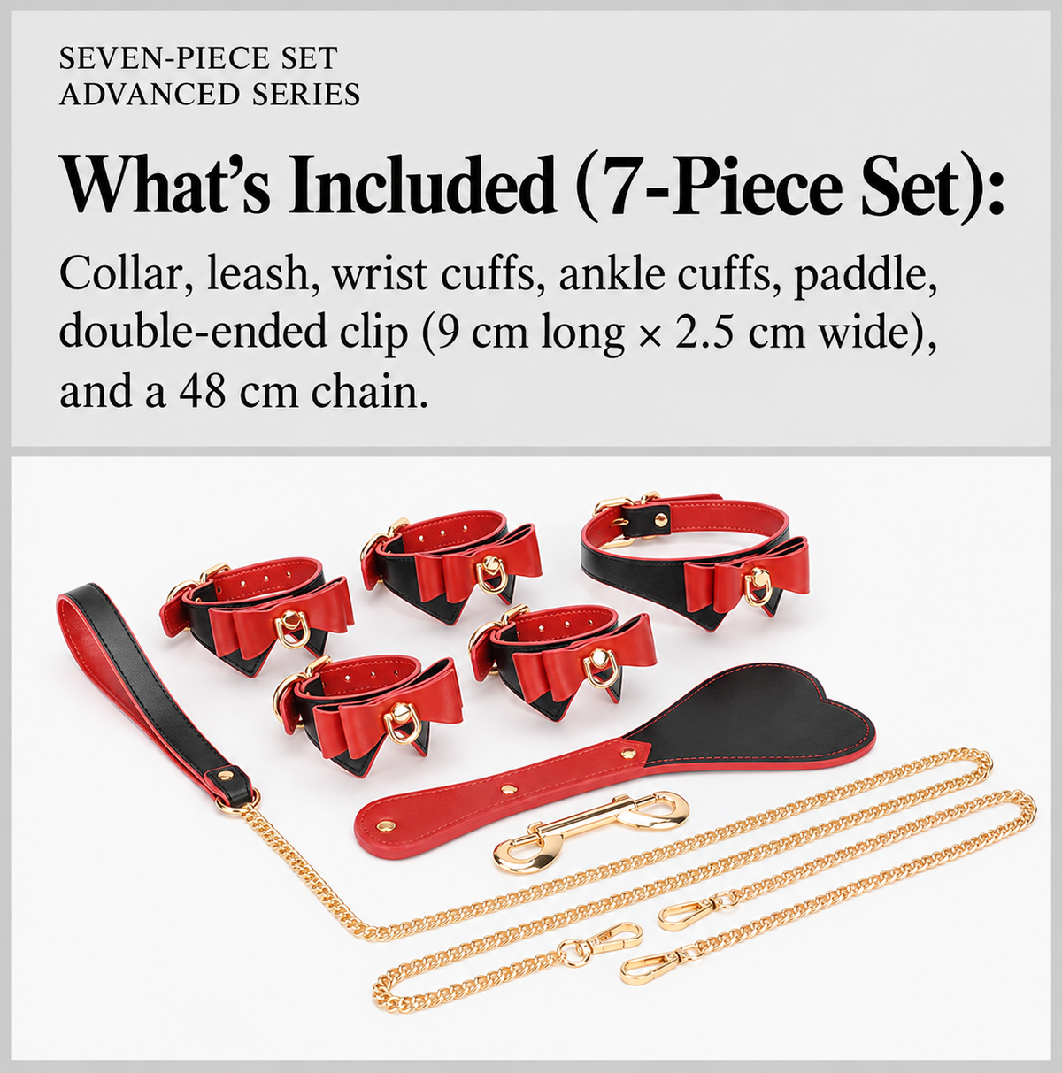 Seven-piece bow-tie collar and cuff set with included accessories