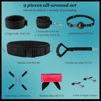 Nine-piece black padded restraint set with waist belt, cuffs, straps, blindfold, ball gag, and clamps
